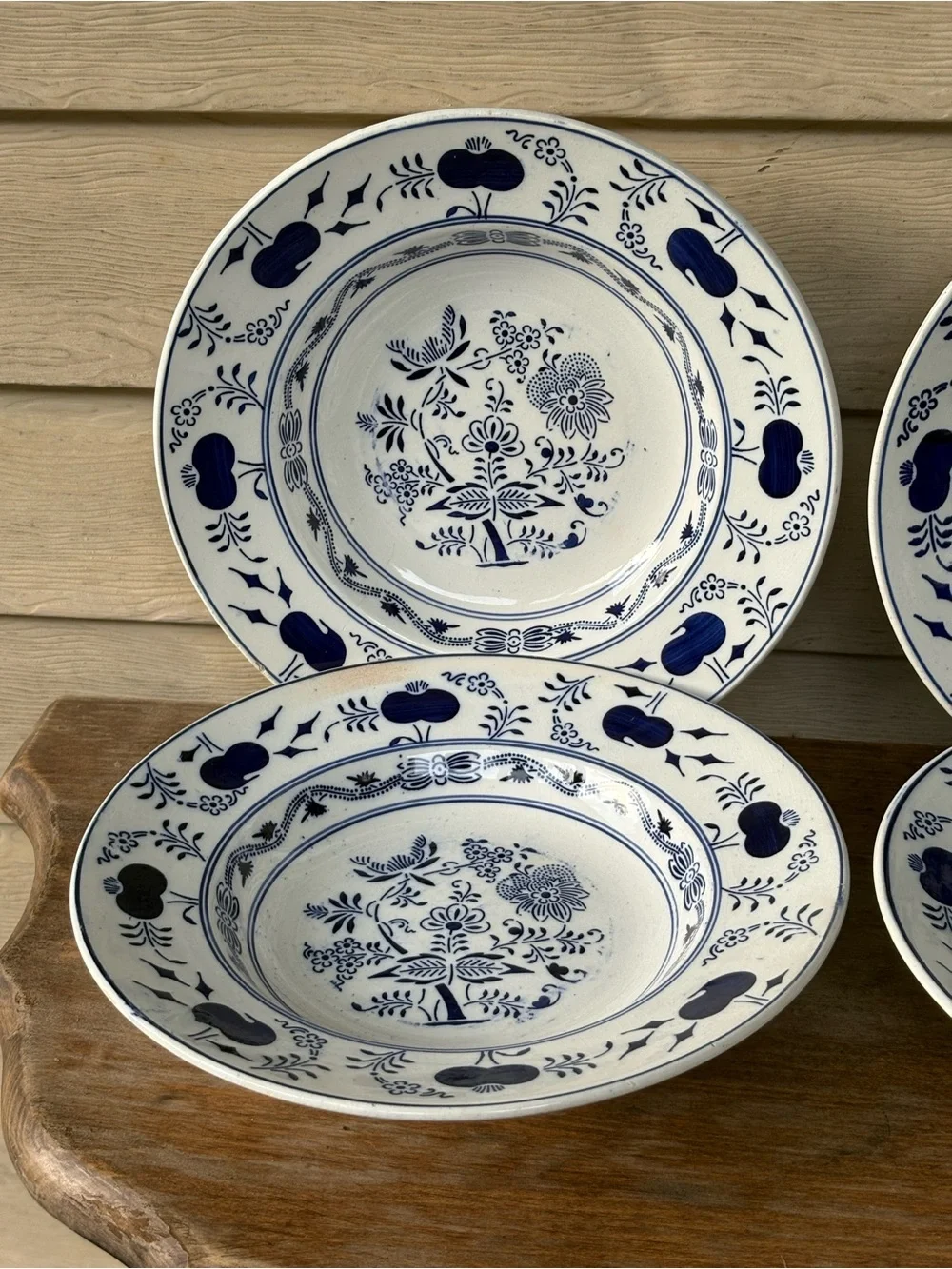 Set of 4 VTG German porcelain rim soup plates in the iconic Blue Onion pattern
